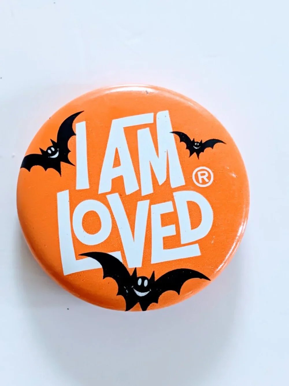 Rare VTG 80s I Am Loved Halloween Pin Button Helzberg Foundation Orange Bats USA